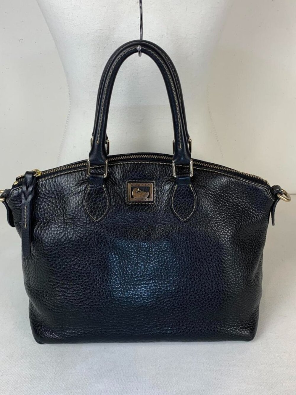 Dooney & Bourke Black Pebbled Leather Satchel with Gold Logo Plaque - Stylish &